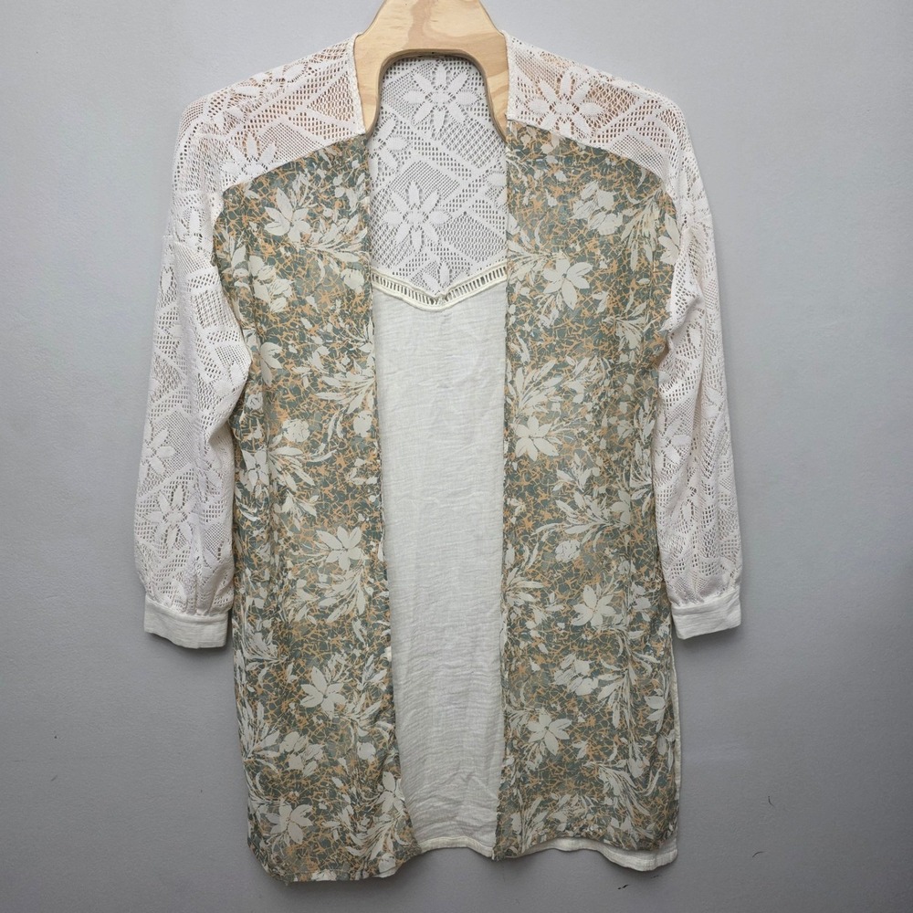 Miss Me Cardigan Womens XL Cream Floral Lace Mixed Media Boho Romantic Kimono